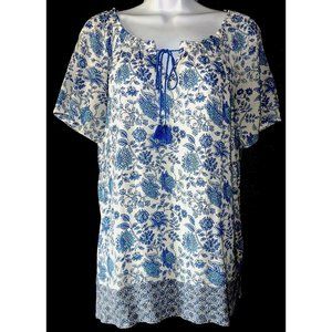 J.JILL Small White Rayon w/ Blue Floral SS Peasant Top w/ Elastic & Tie Collar
